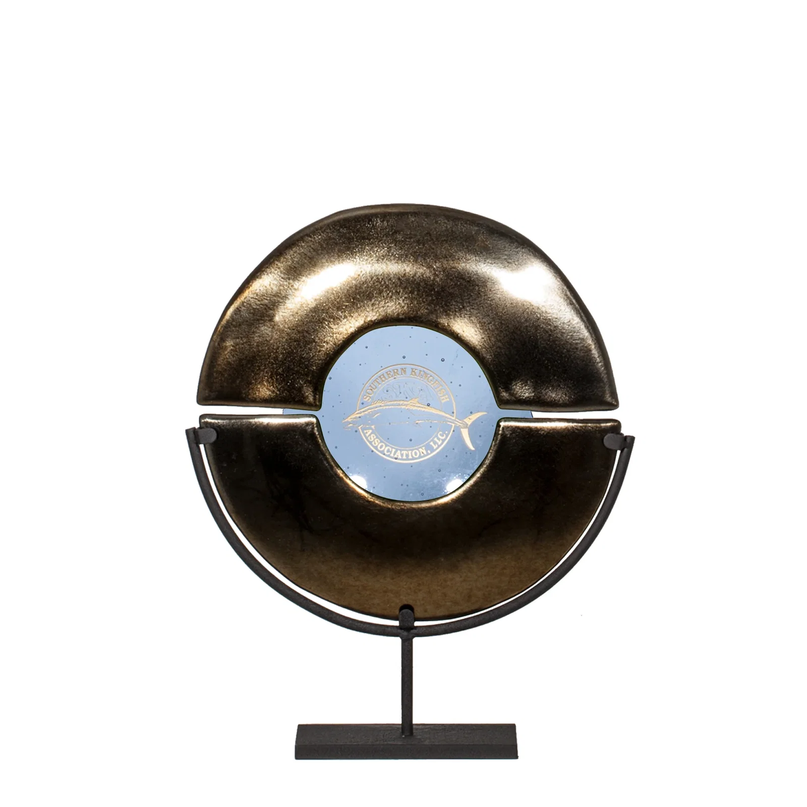 Custom Split Gold and Blue Glass Plate Award on Iron Stand, metal awards for corporate award ceremonies