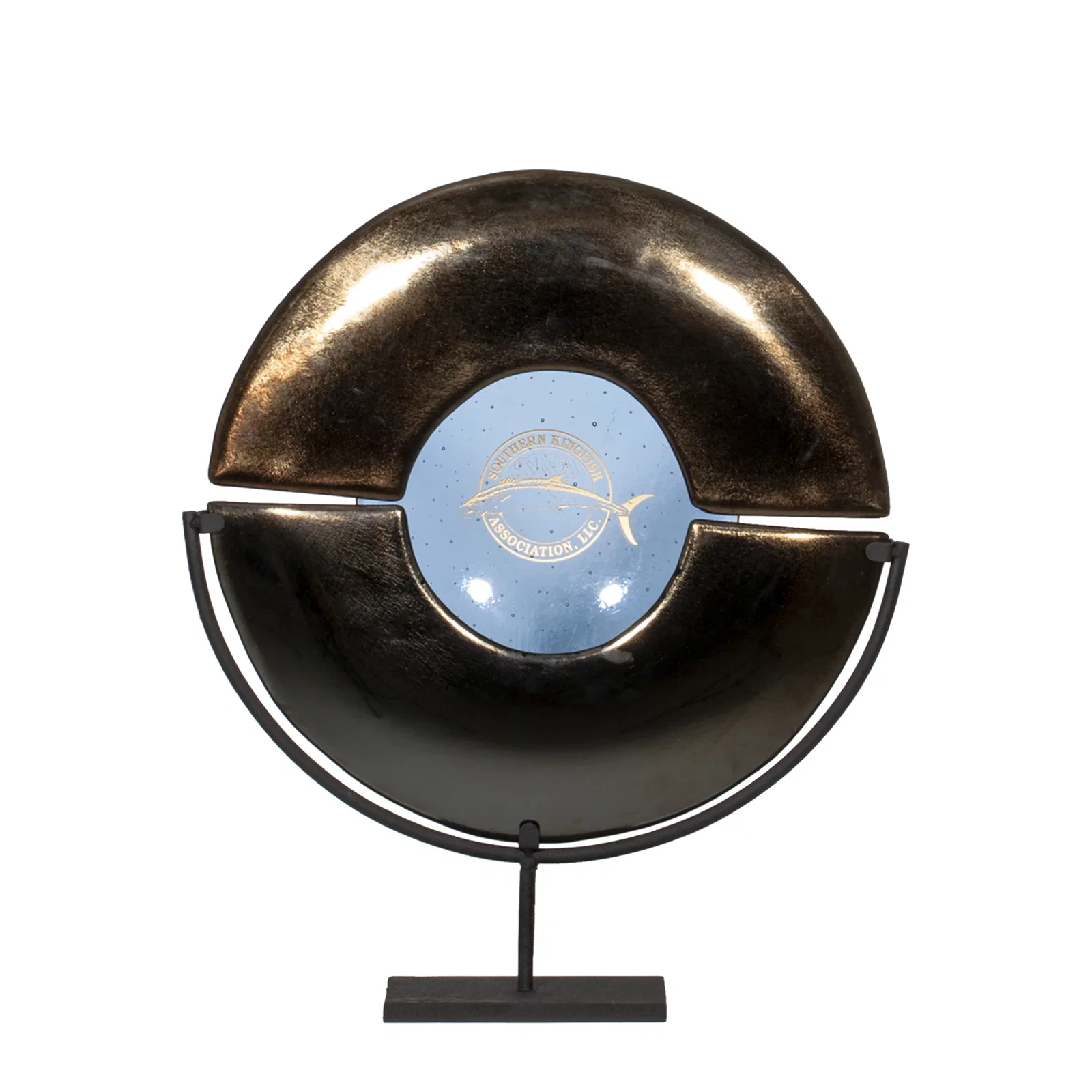Custom Split Gold and Blue Glass Plate Award on Iron Stand, metal awards for service anniversary gifts