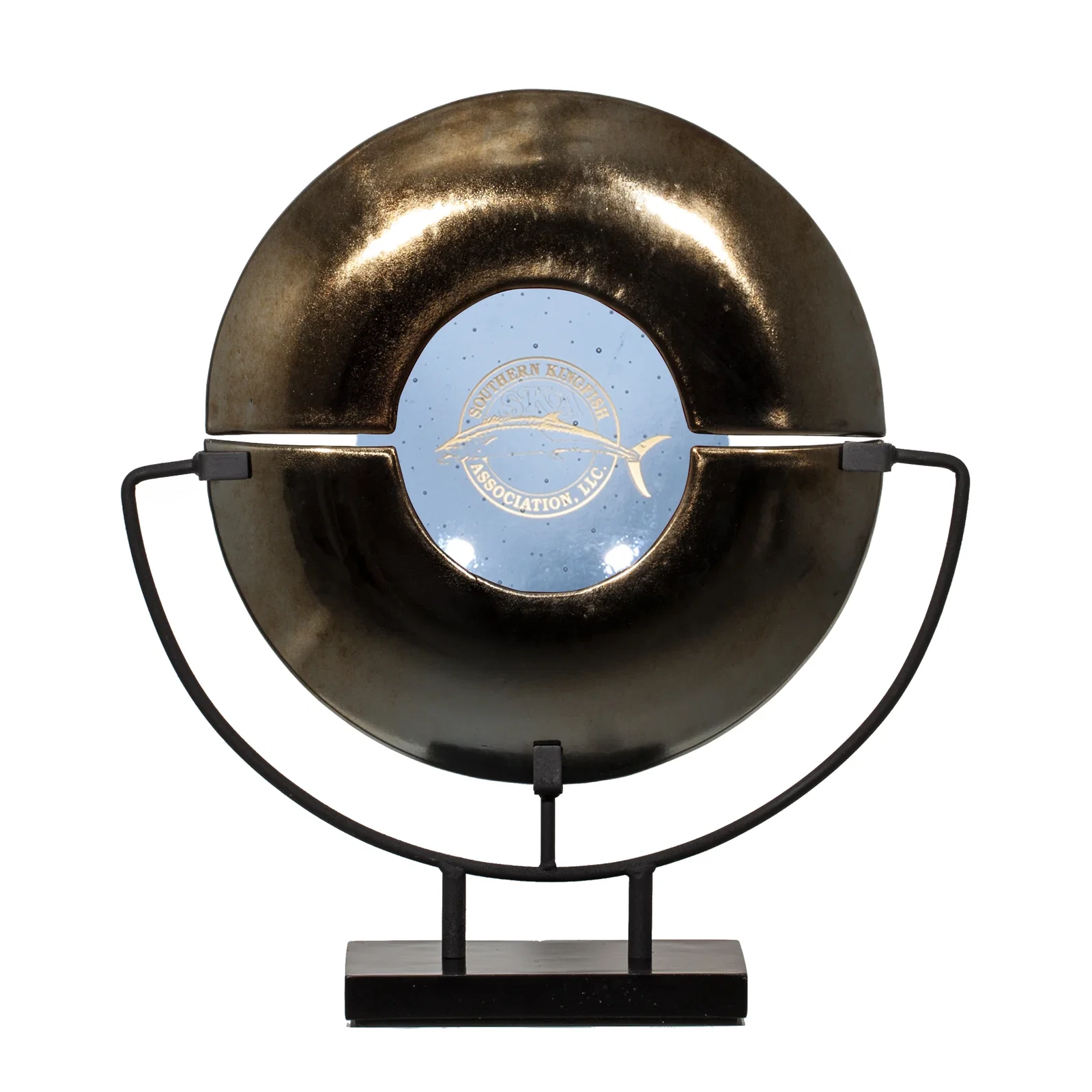 Custom Split Gold and Blue Glass Plate Award on Iron Stand, metal awards for sales achievement awards