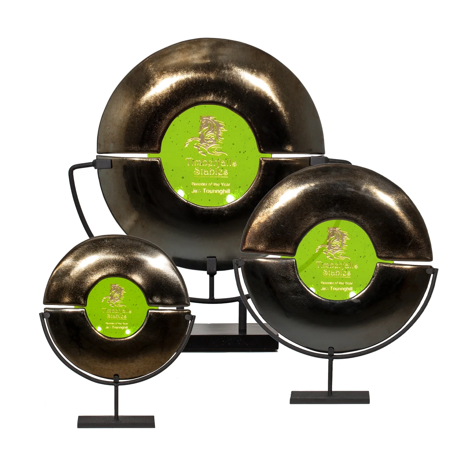 Custom Split Gold and Blue Glass Plate Award on Iron Stand, metal awards for retirement presentations