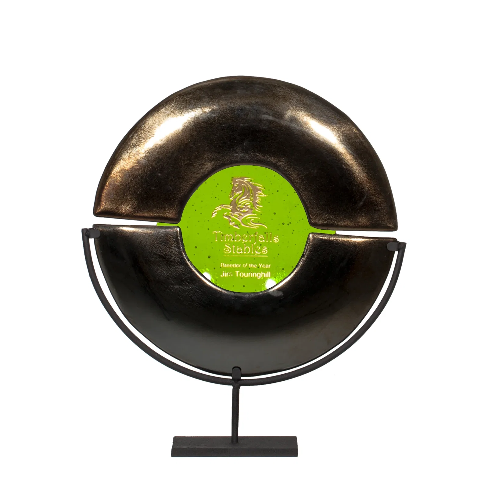Custom Split Gold and Blue Glass Plate Award on Iron Stand, metal awards for donor appreciation