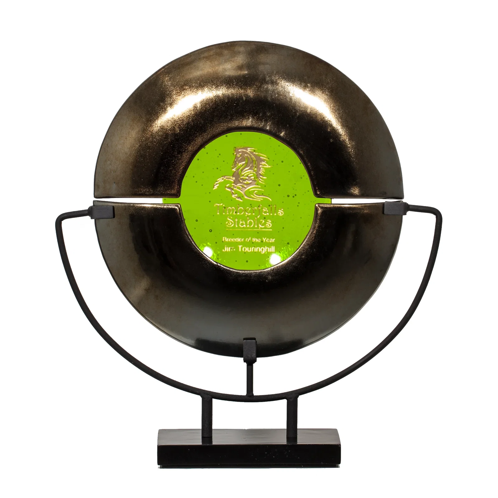 Custom Split Gold and Blue Glass Plate Award on Iron Stand, metal awards for graduation ceremonies