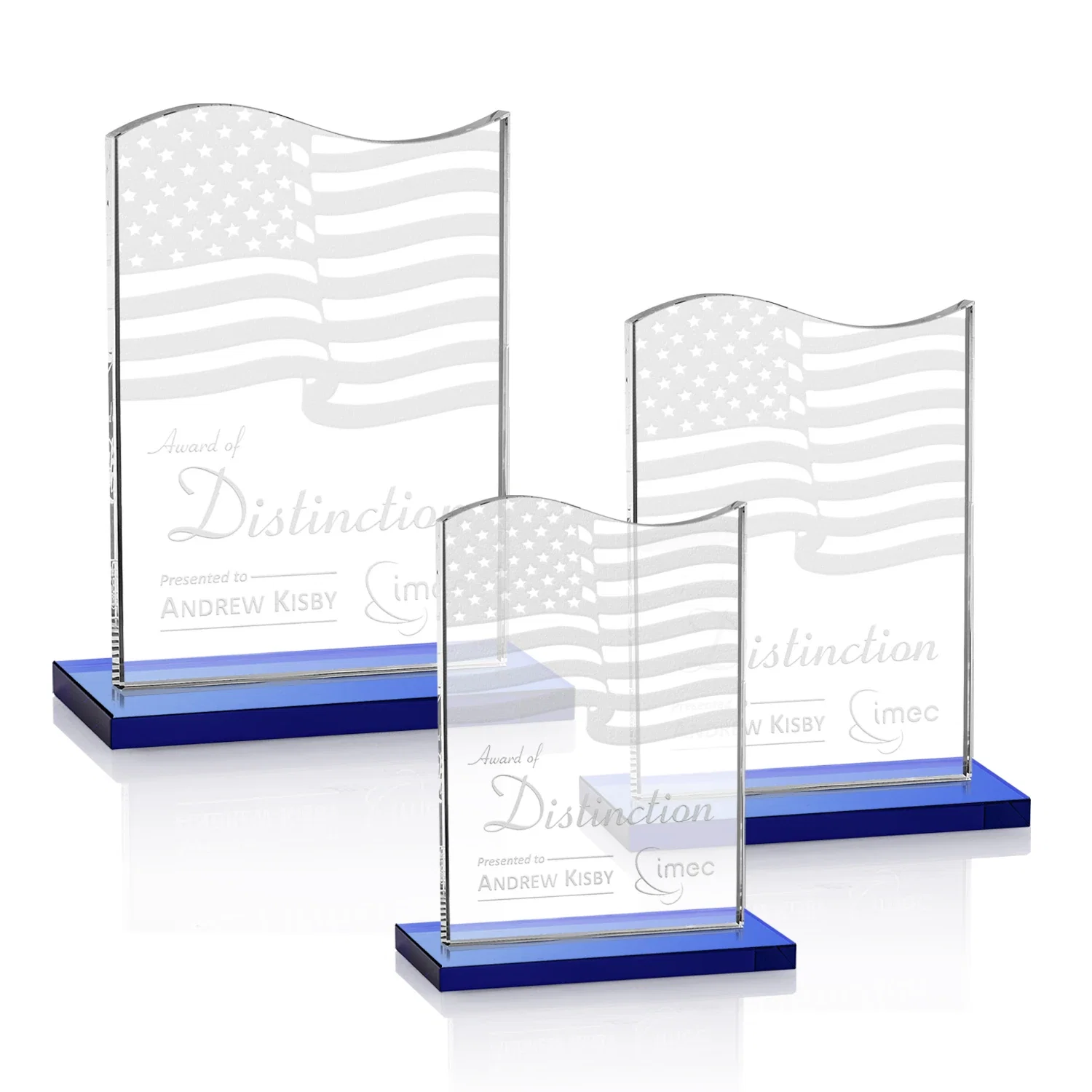 Personalized Starfire Crystal Award with Hand-Etched Waving Flag for retirement presentations