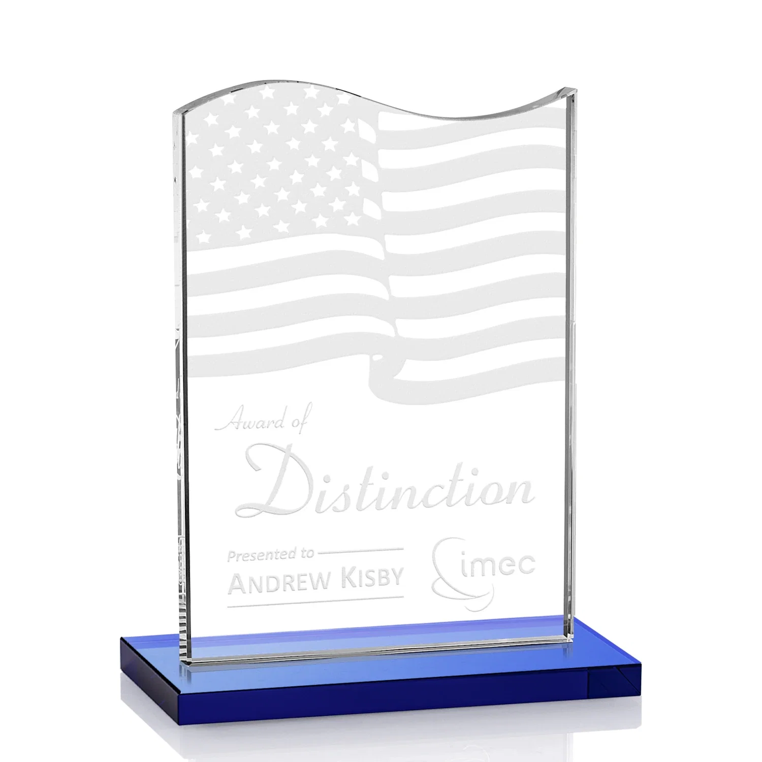 Personalized Starfire Crystal Award with Hand-Etched Waving Flag for donor appreciation