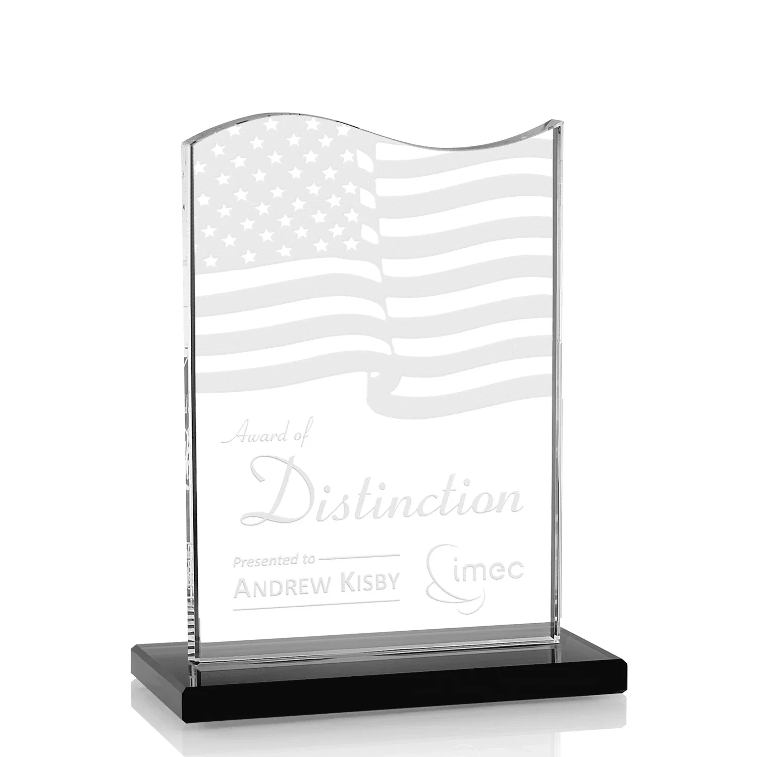 Custom Starfire Crystal Award with Hand-Etched Waving Flag for corporate award ceremonies