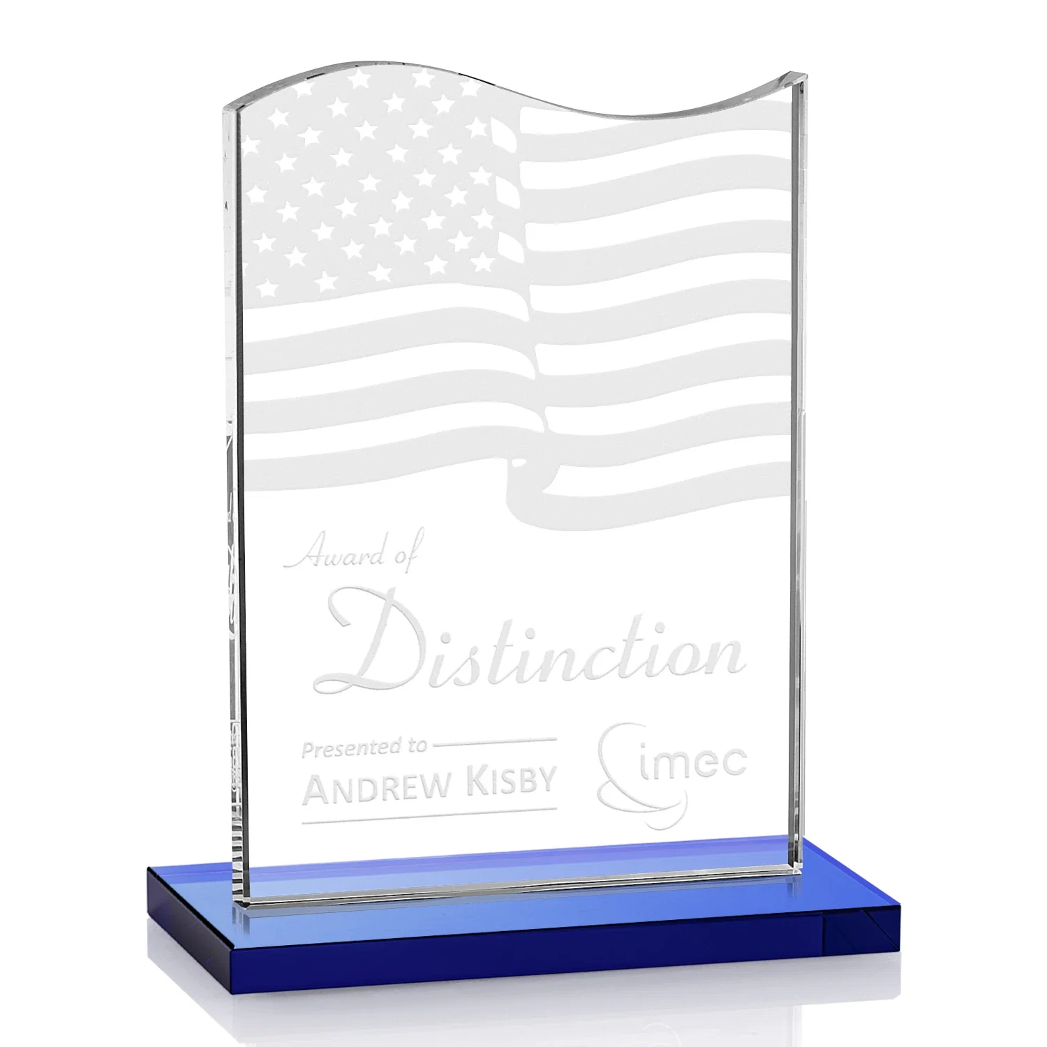 Personalized Starfire Crystal Award with Hand-Etched Waving Flag for graduation ceremonies