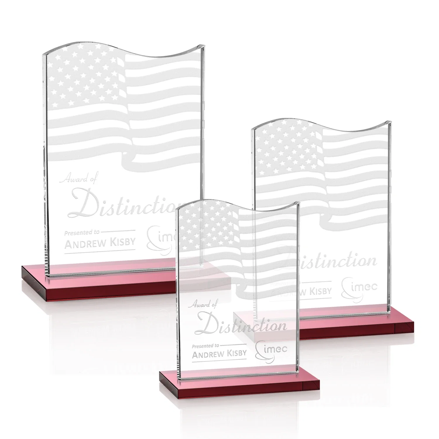 Personalized Starfire Crystal Award with Hand-Etched Waving Flag for safety achievement programs