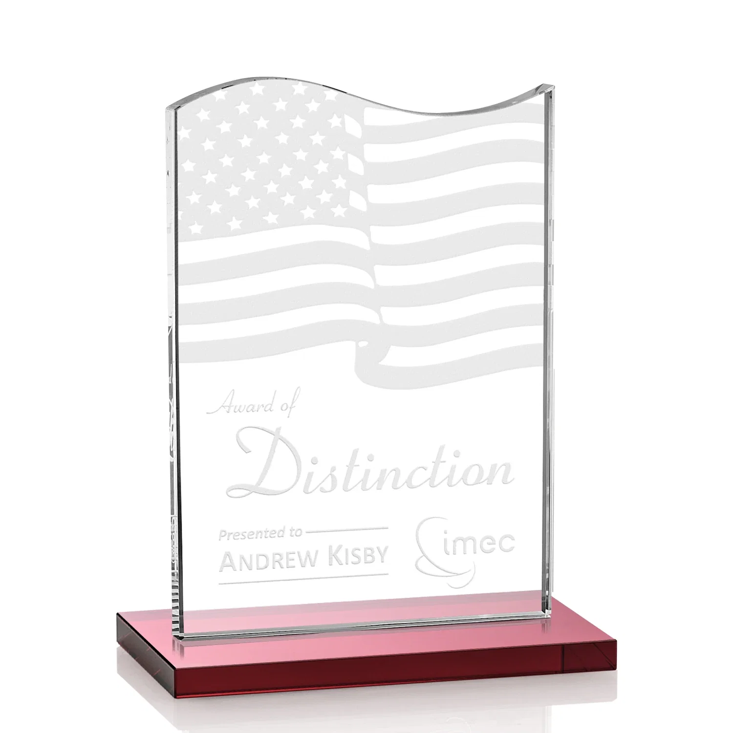 Personalized Starfire Crystal Award with Hand-Etched Waving Flag for dealer and partner awards