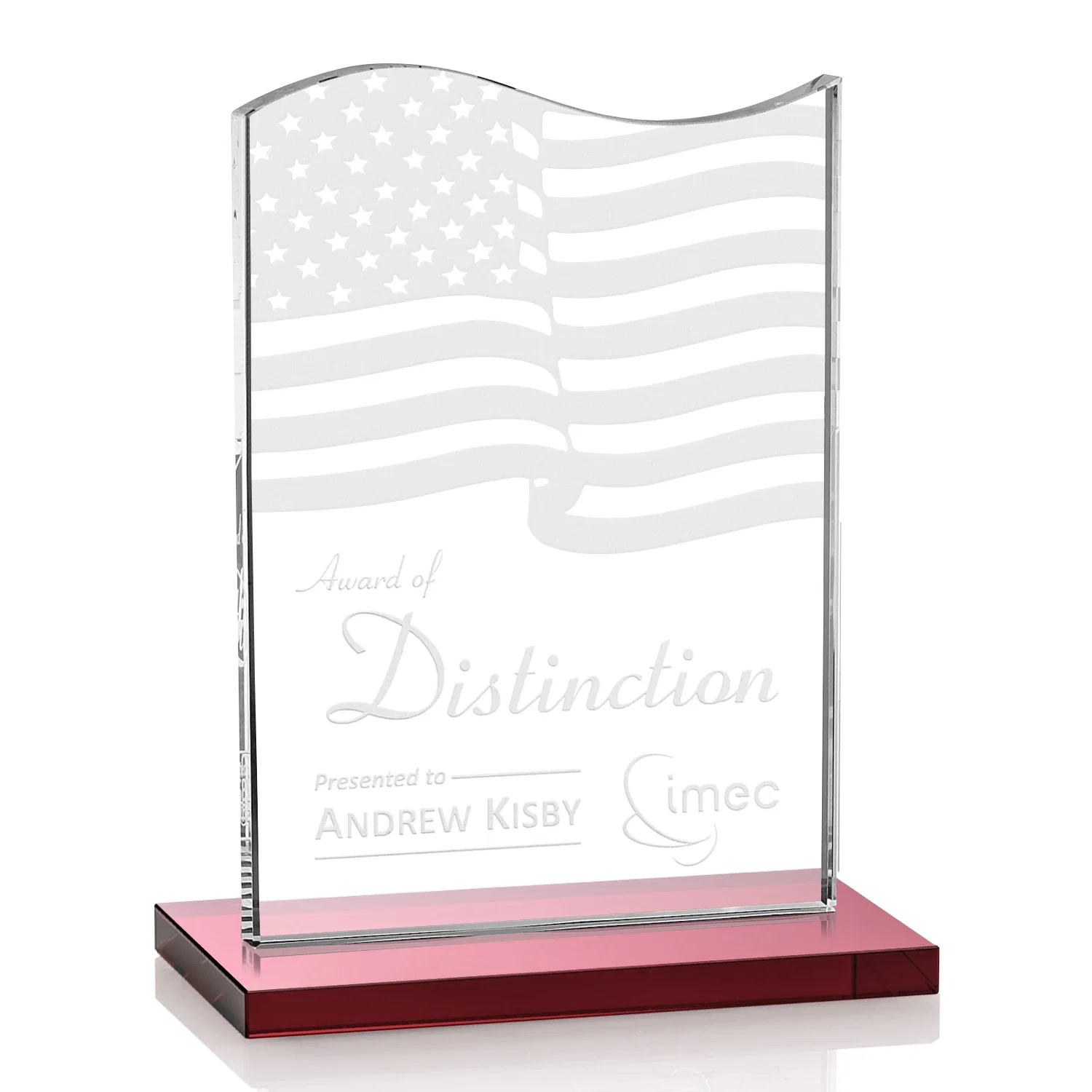 Personalized Starfire Crystal Award with Hand-Etched Waving Flag for company anniversary events