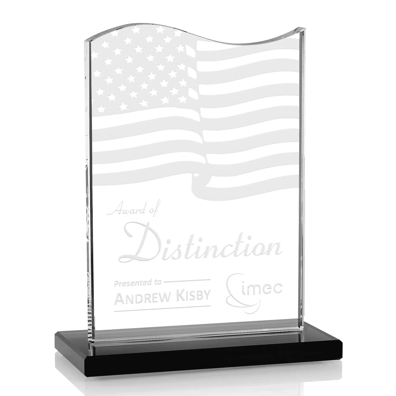 Custom Starfire Crystal Award with Hand-Etched Waving Flag for sales achievement awards