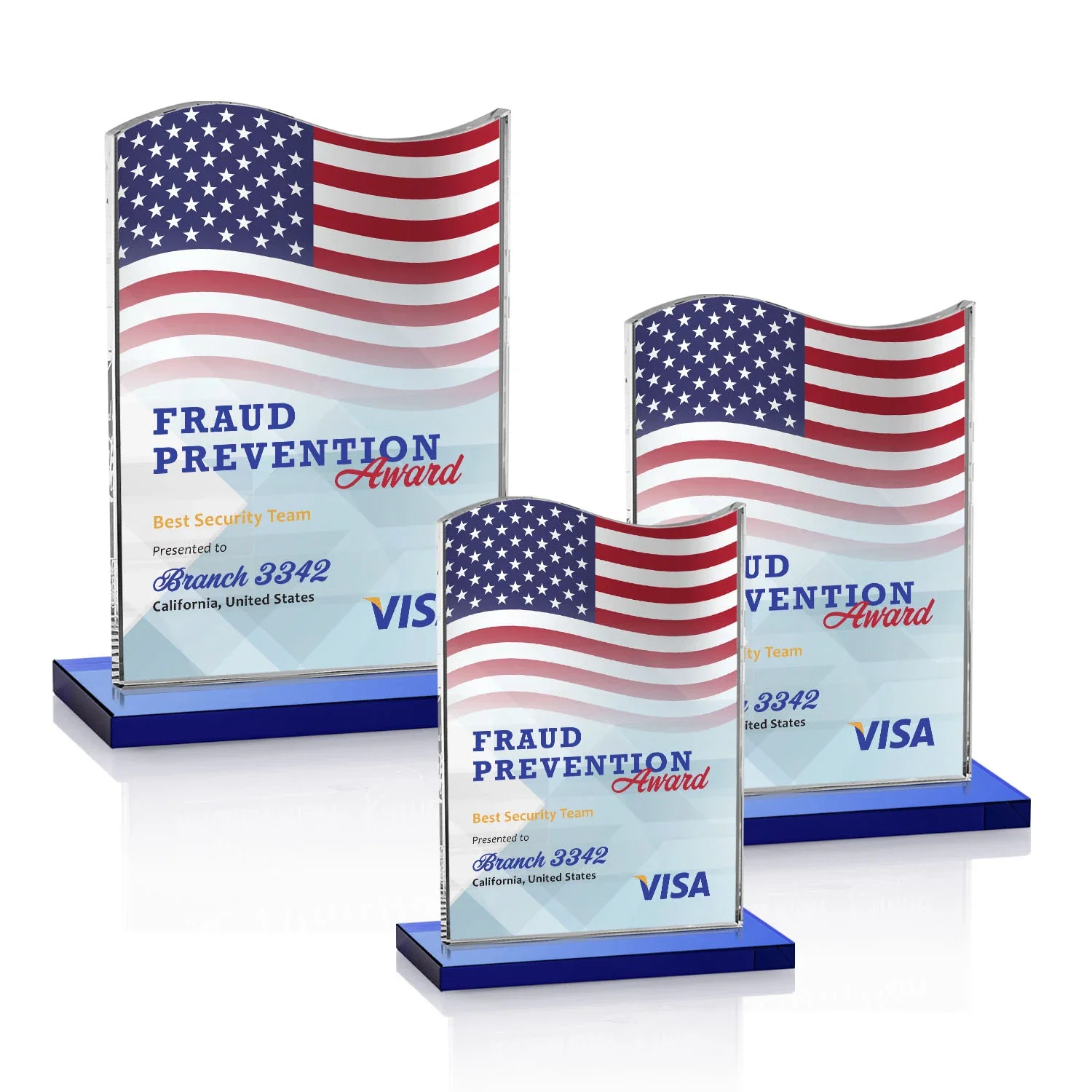 Custom printed Starfire Crystal Award with Hand-Etched Waving Flag for employee recognition