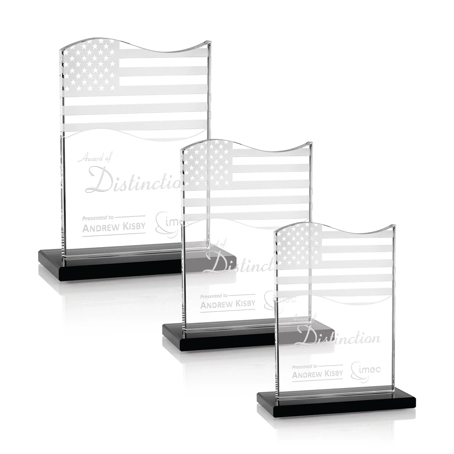 Custom Starfire Crystal Award with Hand-Etched Waving Flag for retirement presentations