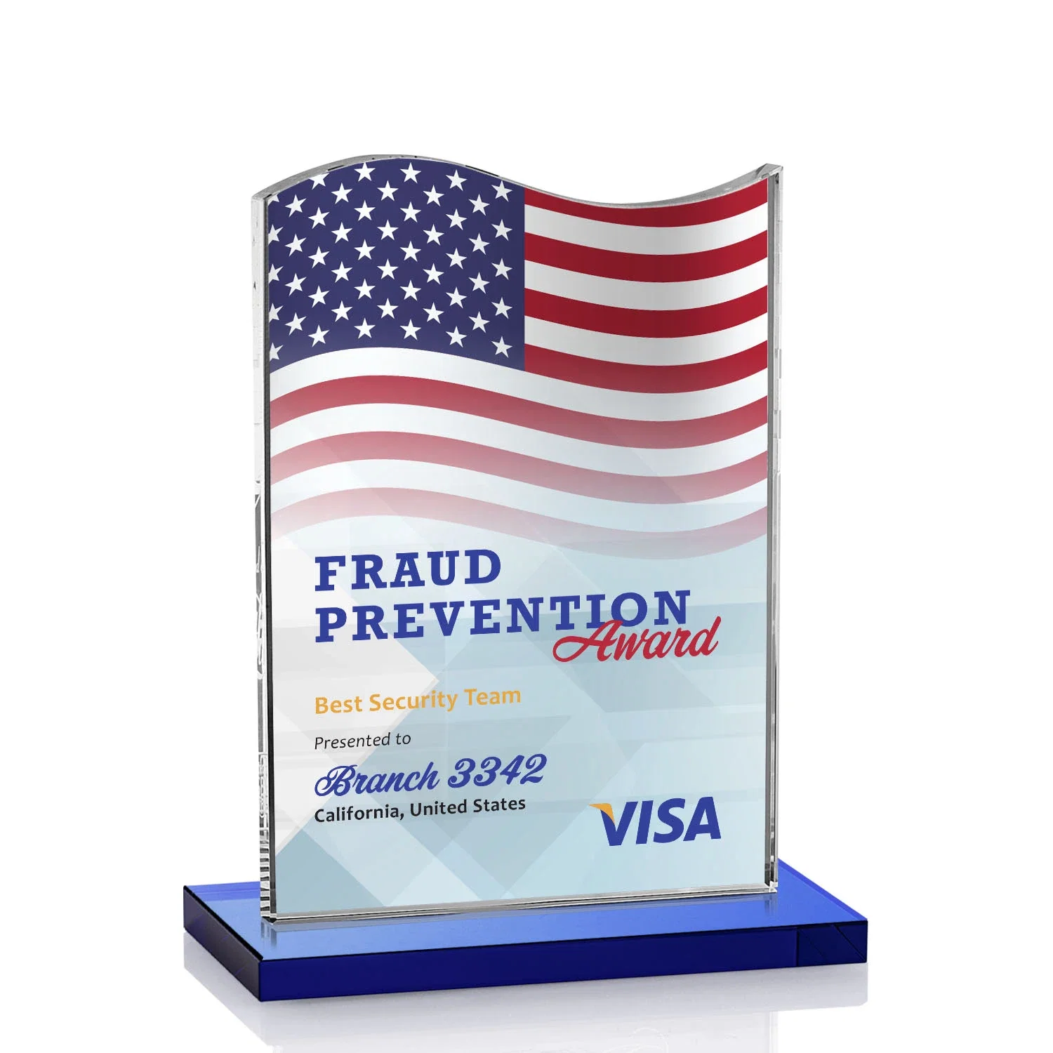 Custom printed Starfire Crystal Award with Hand-Etched Waving Flag for corporate award ceremonies
