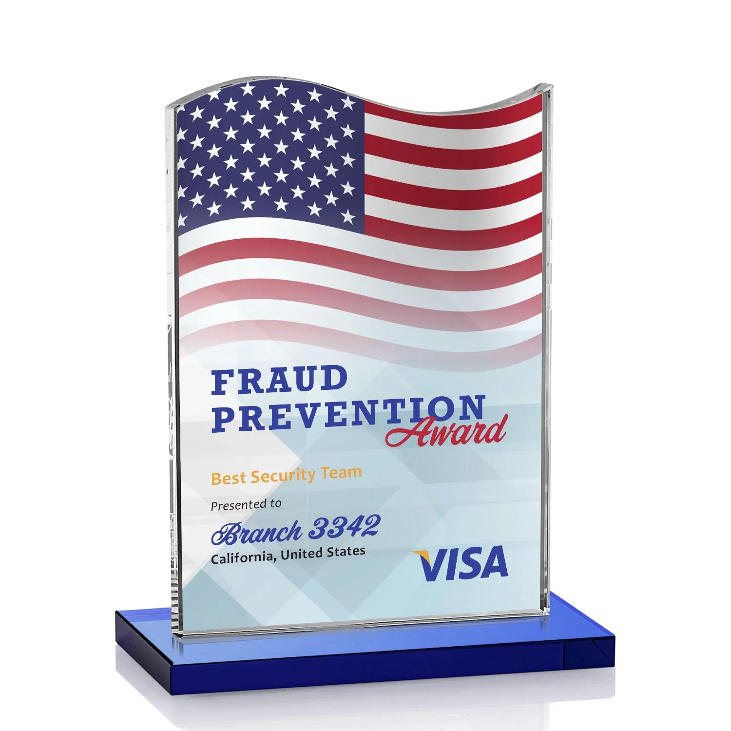 Custom printed Starfire Crystal Award with Hand-Etched Waving Flag for service anniversary gifts