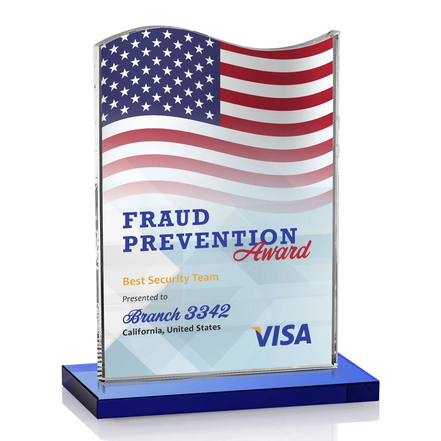 Custom printed Starfire Crystal Award with Hand-Etched Waving Flag for sales achievement awards