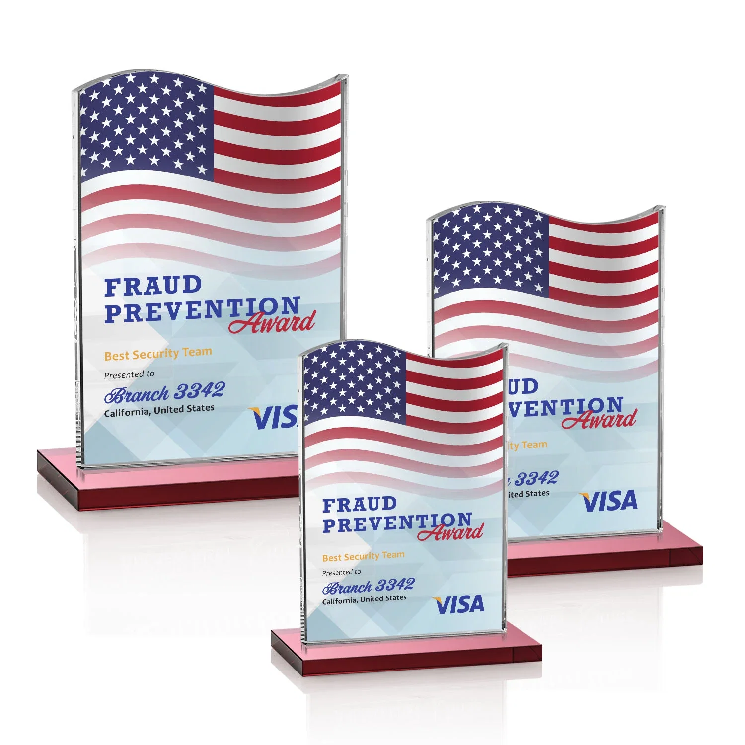 Custom printed Starfire Crystal Award with Hand-Etched Waving Flag for retirement presentations