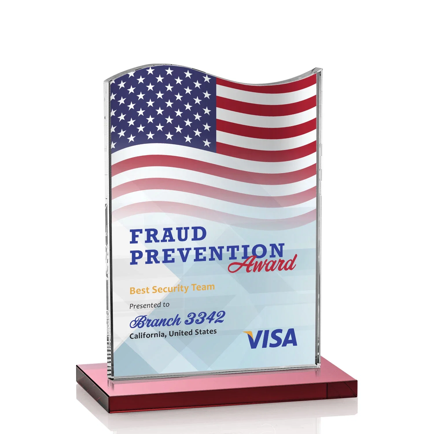Custom printed Starfire Crystal Award with Hand-Etched Waving Flag for team milestone celebrations