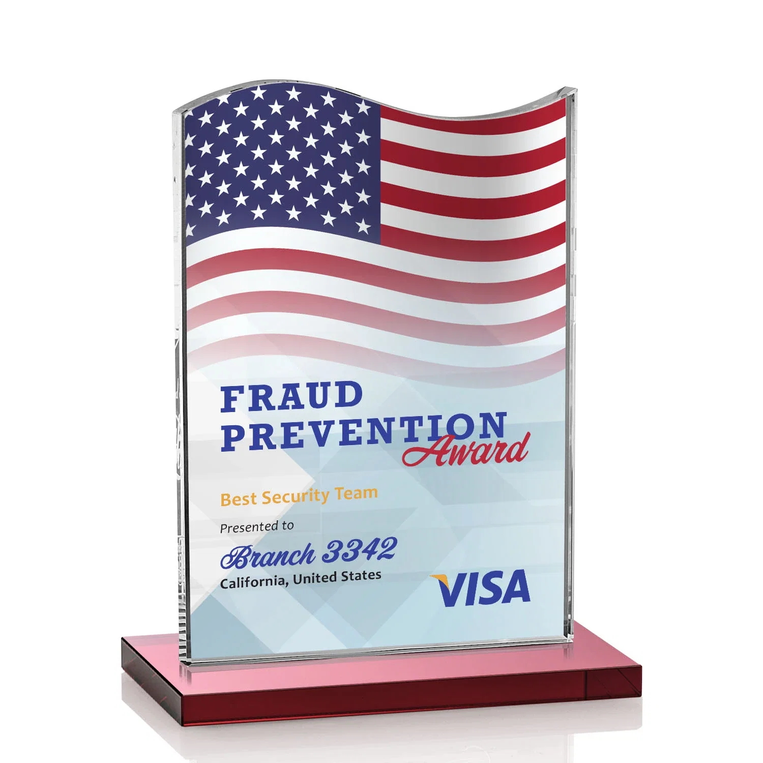 Custom printed Starfire Crystal Award with Hand-Etched Waving Flag for donor appreciation