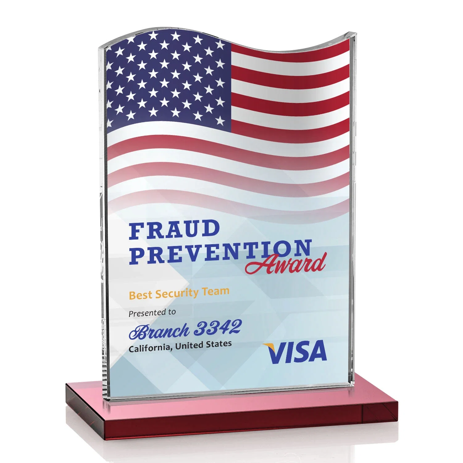 Custom printed Starfire Crystal Award with Hand-Etched Waving Flag for graduation ceremonies