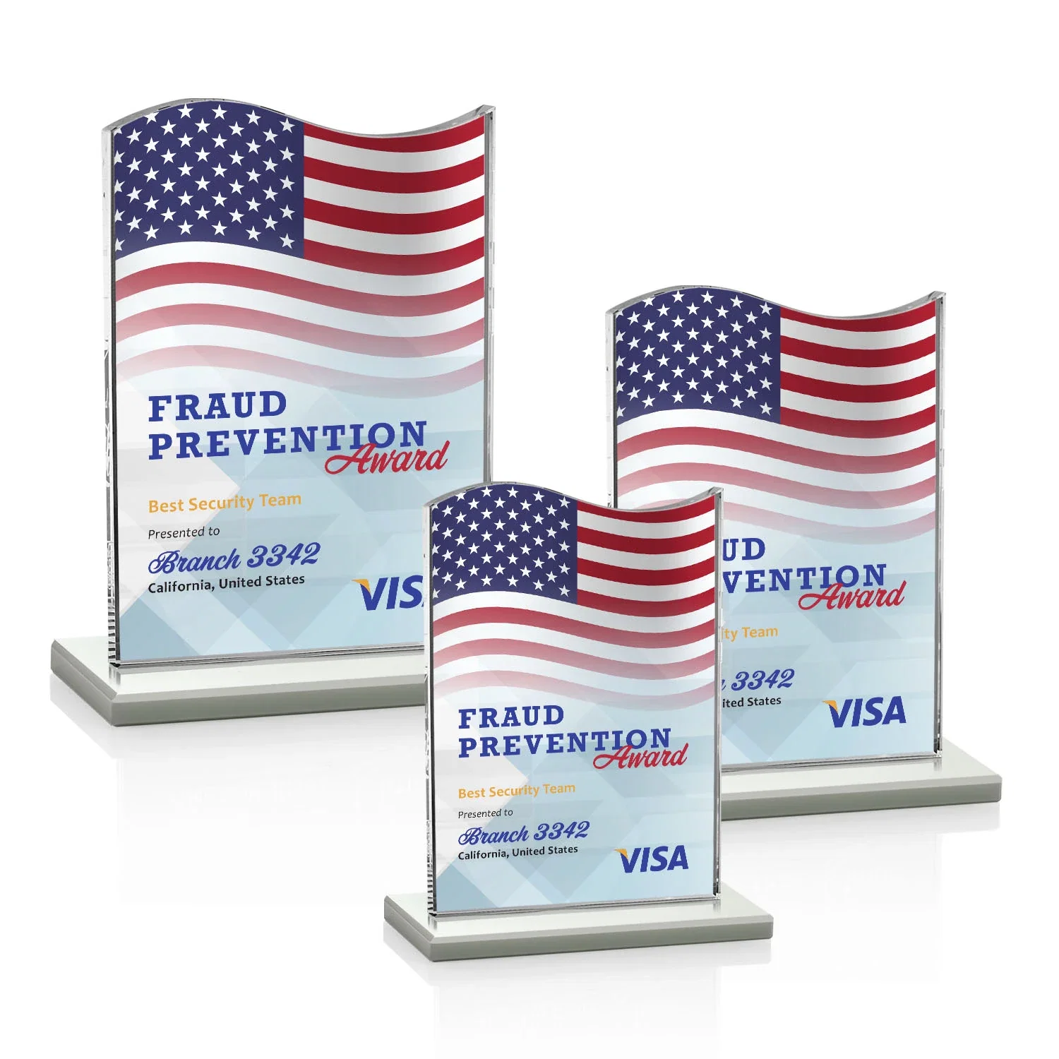 Customized Starfire Crystal Award with Hand-Etched Waving Flag for employee recognition