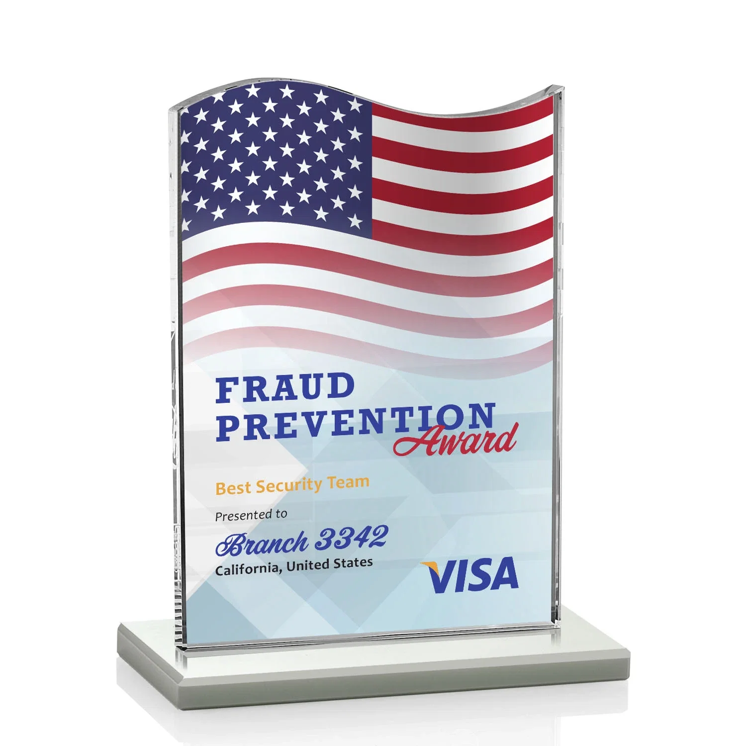 Customized Starfire Crystal Award with Hand-Etched Waving Flag for corporate award ceremonies