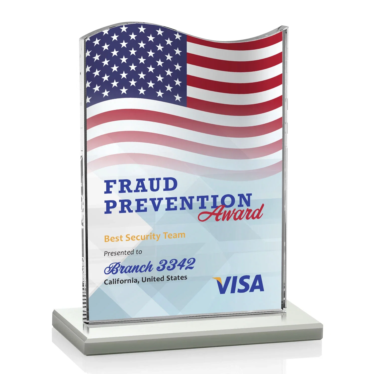 Customized Starfire Crystal Award with Hand-Etched Waving Flag for service anniversary gifts