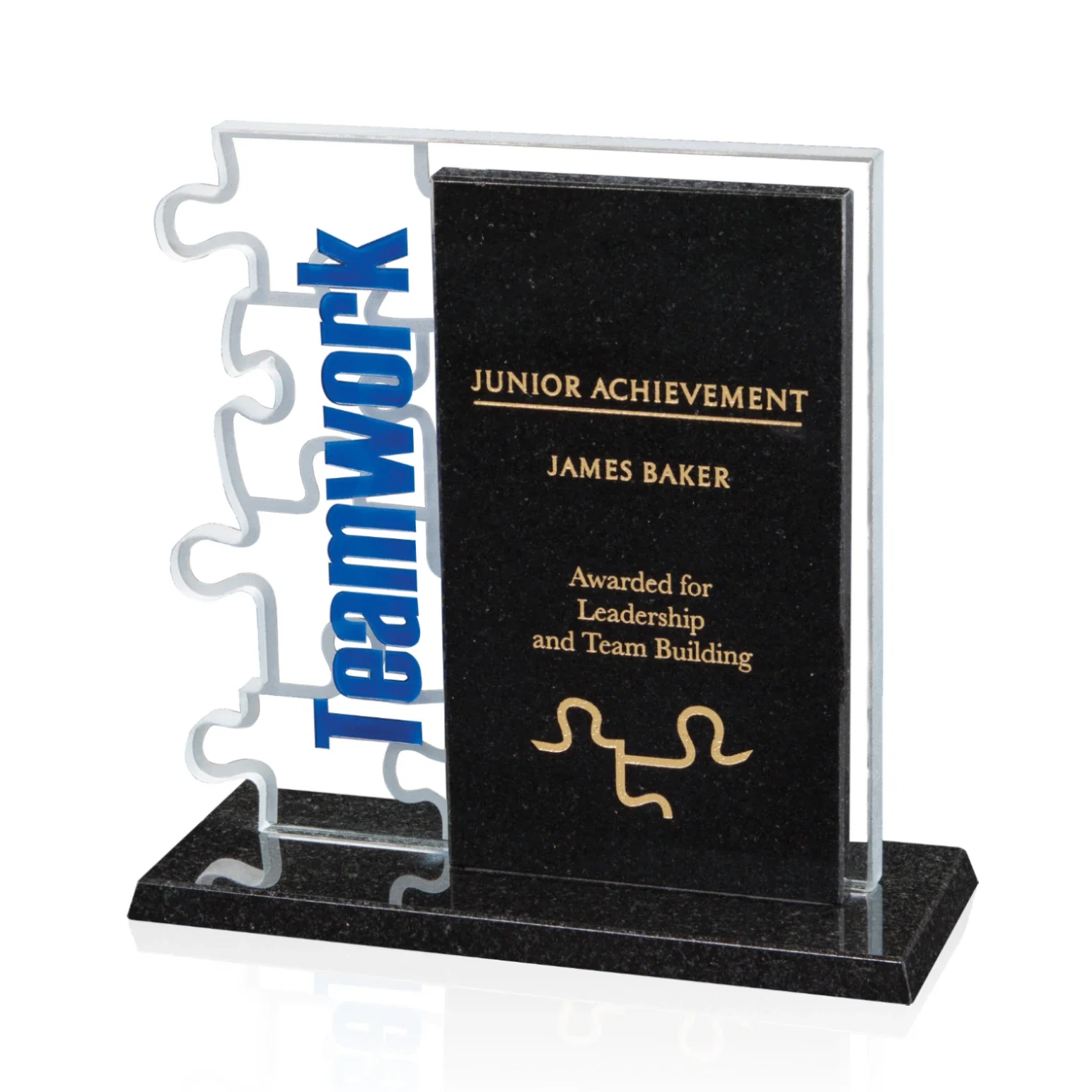 Custom Starfire Crystal Award With Puzzle-Piece Edge and Granite Monolith, marble for corporate award ceremonies