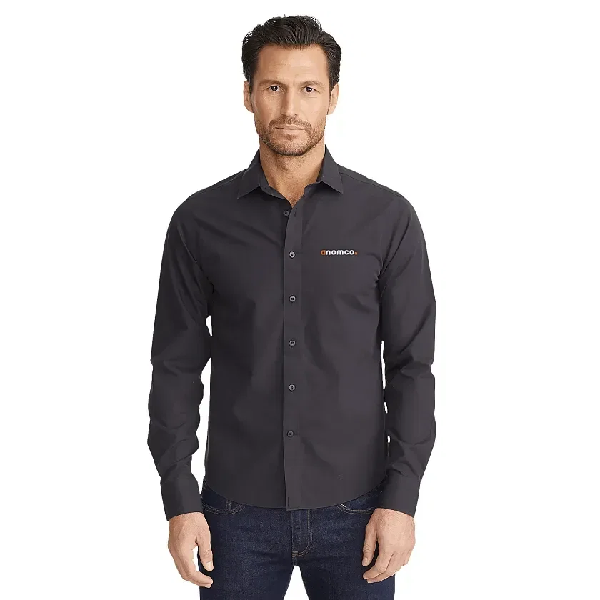 Custom UNTUCKit Men's Long Sleeve Wrinkle-Free Shirt - Black Stone being worn