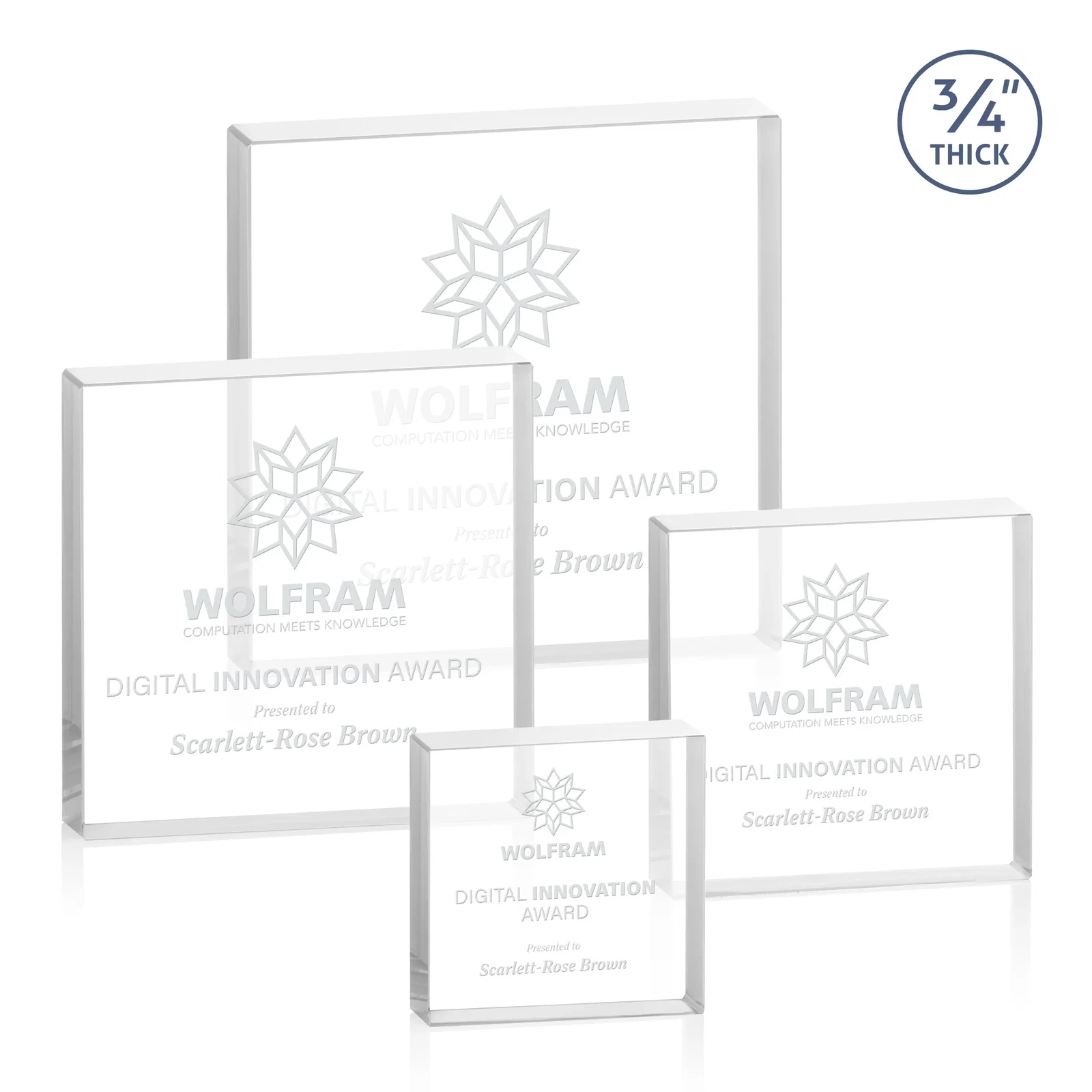 Custom Starfire Crystal Square Award With Five Graduated Sizes, desk awards for employee recognition