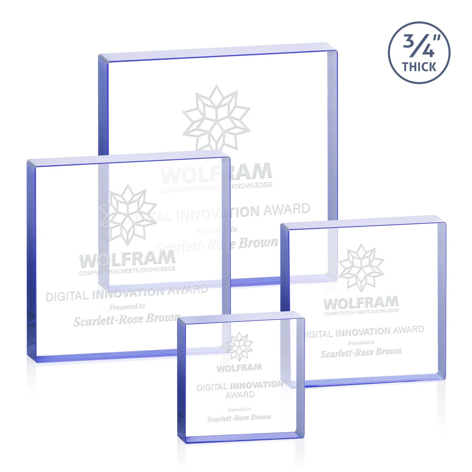 Personalized Starfire Crystal Square Award With Five Graduated Sizes, desk awards for retirement presentations