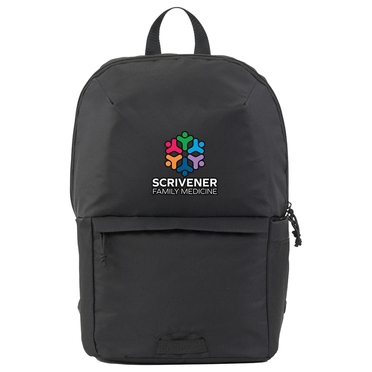 Custom Uptown Recycled Nylon Backpack, front view of the branded backpack
