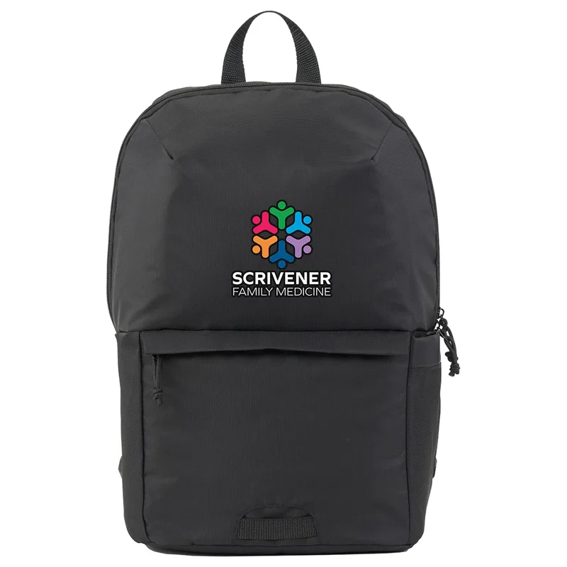 Custom Uptown Recycled Nylon Backpack, front view of the branded backpack