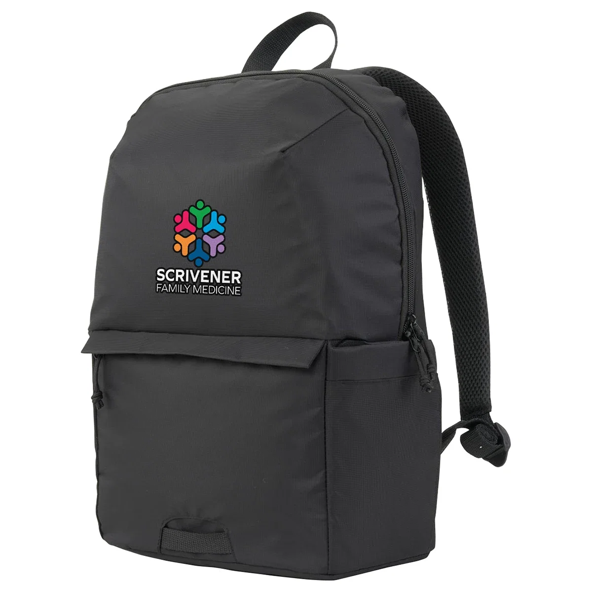 Side profile of the promotional Uptown Recycled Nylon Backpack showing the padded straps