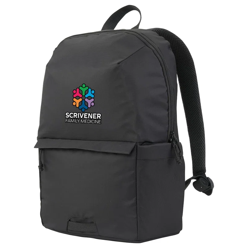 Side profile of the promotional Uptown Recycled Nylon Backpack showing the padded straps