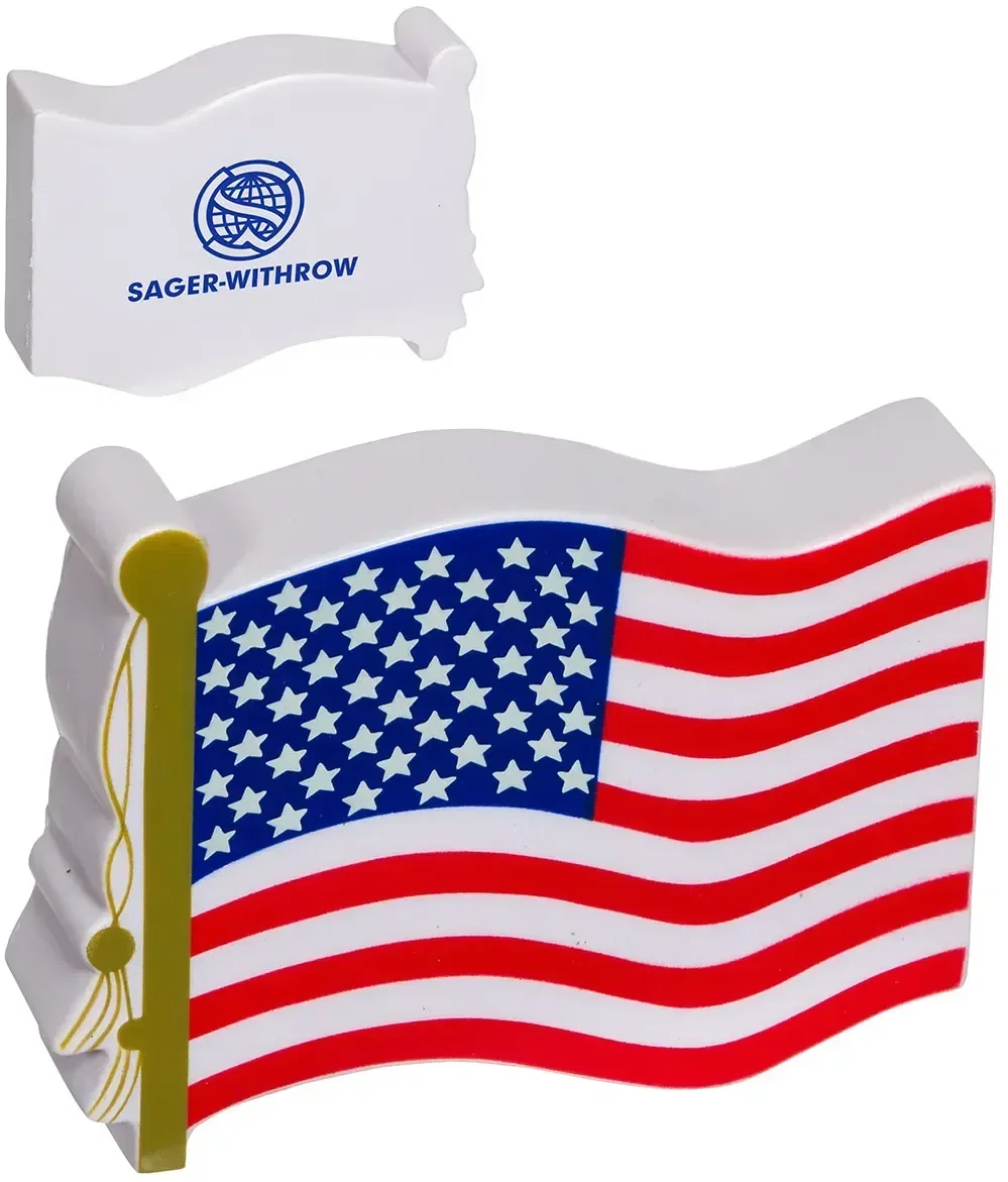 American flag stress reliever with custom logo, promotional branded patriotic squeeze toy