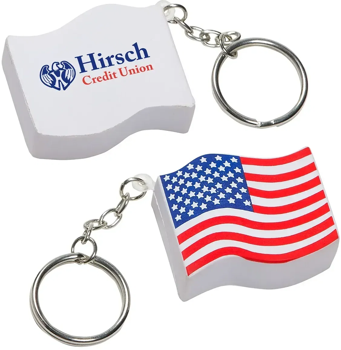 US Flag custom stress reliever key chain, American flag squeeze ball for branded patriotic and civic logo giveaways