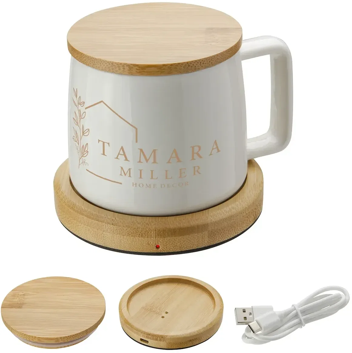 Custom USB bamboo mug warmer with ceramic mug, front view