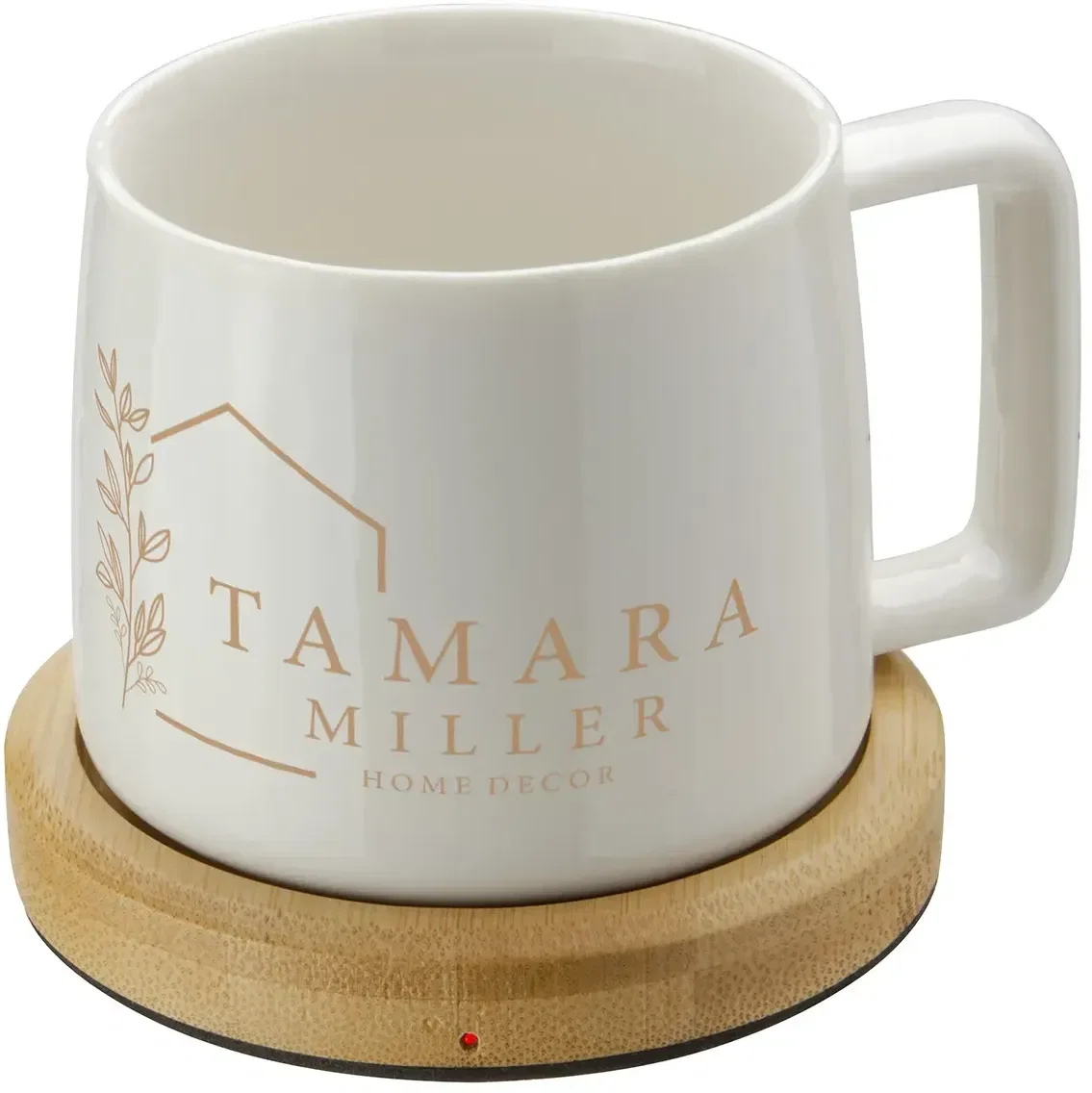 Branded bamboo mug warmer heating plate close-up