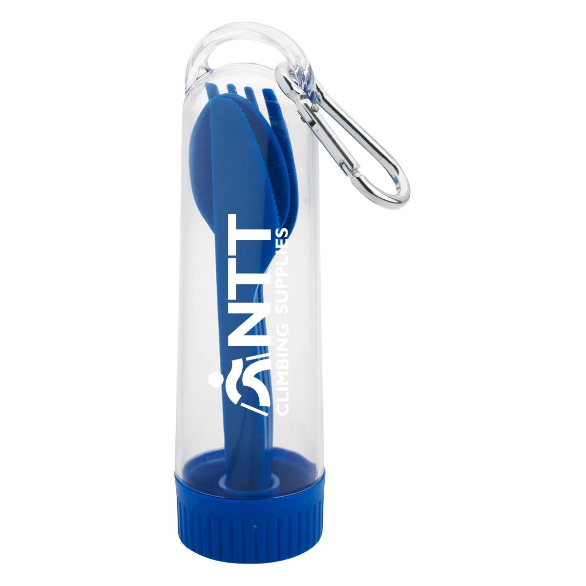 Blue utensil kit clipped shut with its carabiner ring
