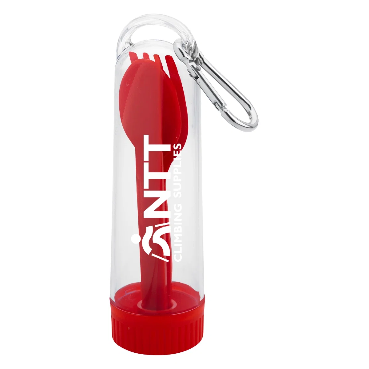 Red version of the camping cutlery set, shown closed