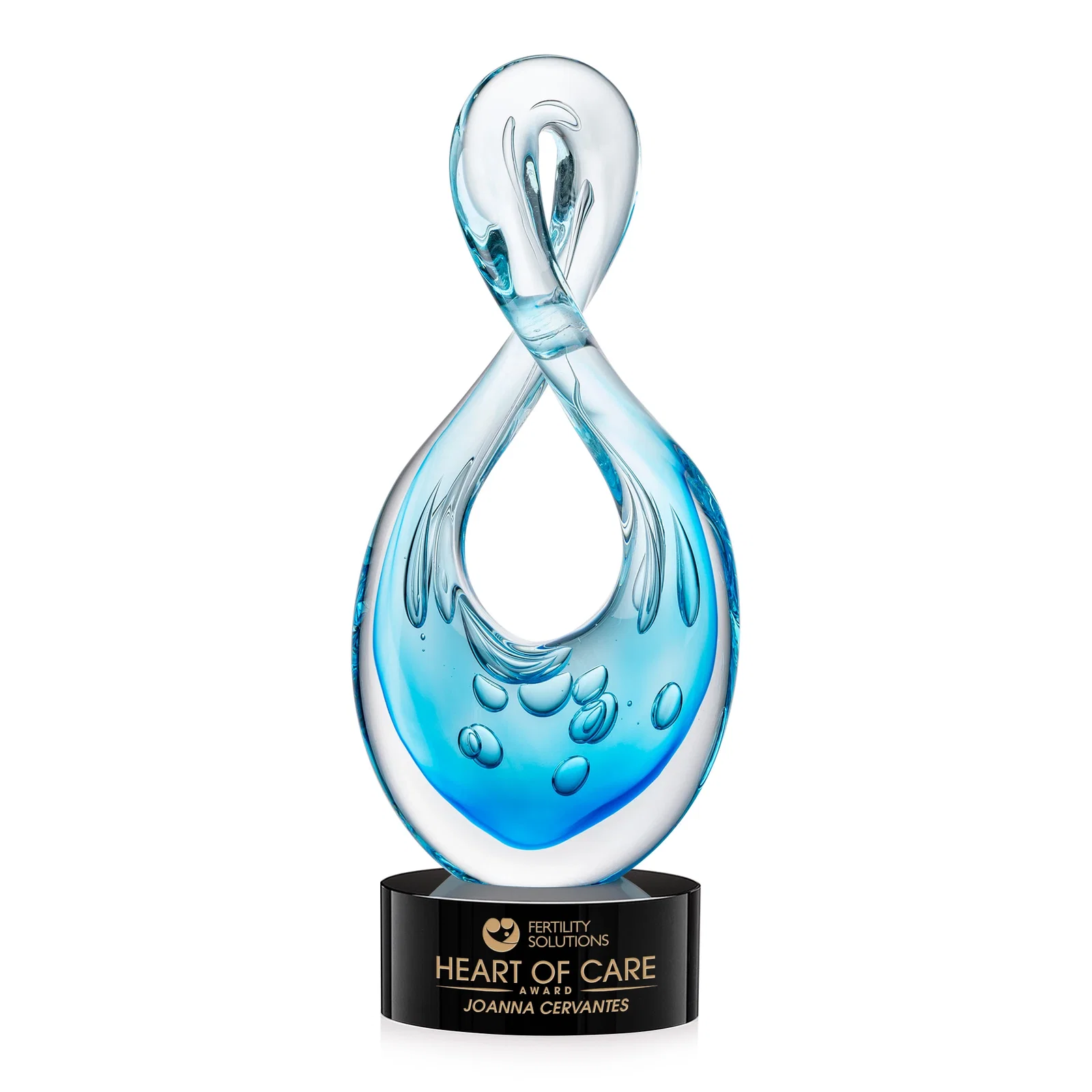 Custom Blue Glass Award With a Twisting Infinity-Loop Silhouette for volunteer appreciation