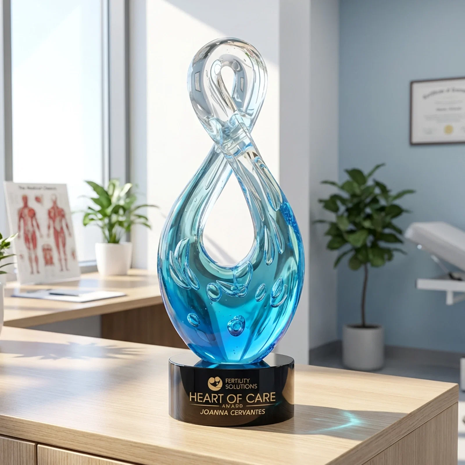 Custom Blue Glass Award With a Twisting Infinity-Loop Silhouette for dealer and partner awards