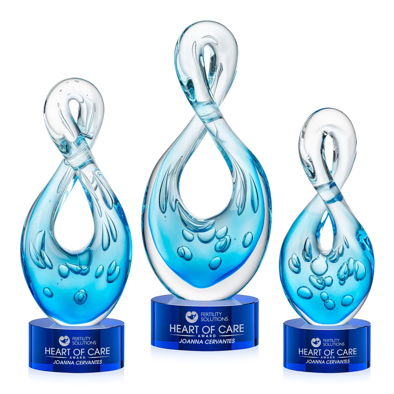 Custom Blue Glass Award With a Twisting Infinity-Loop Silhouette for company anniversary events