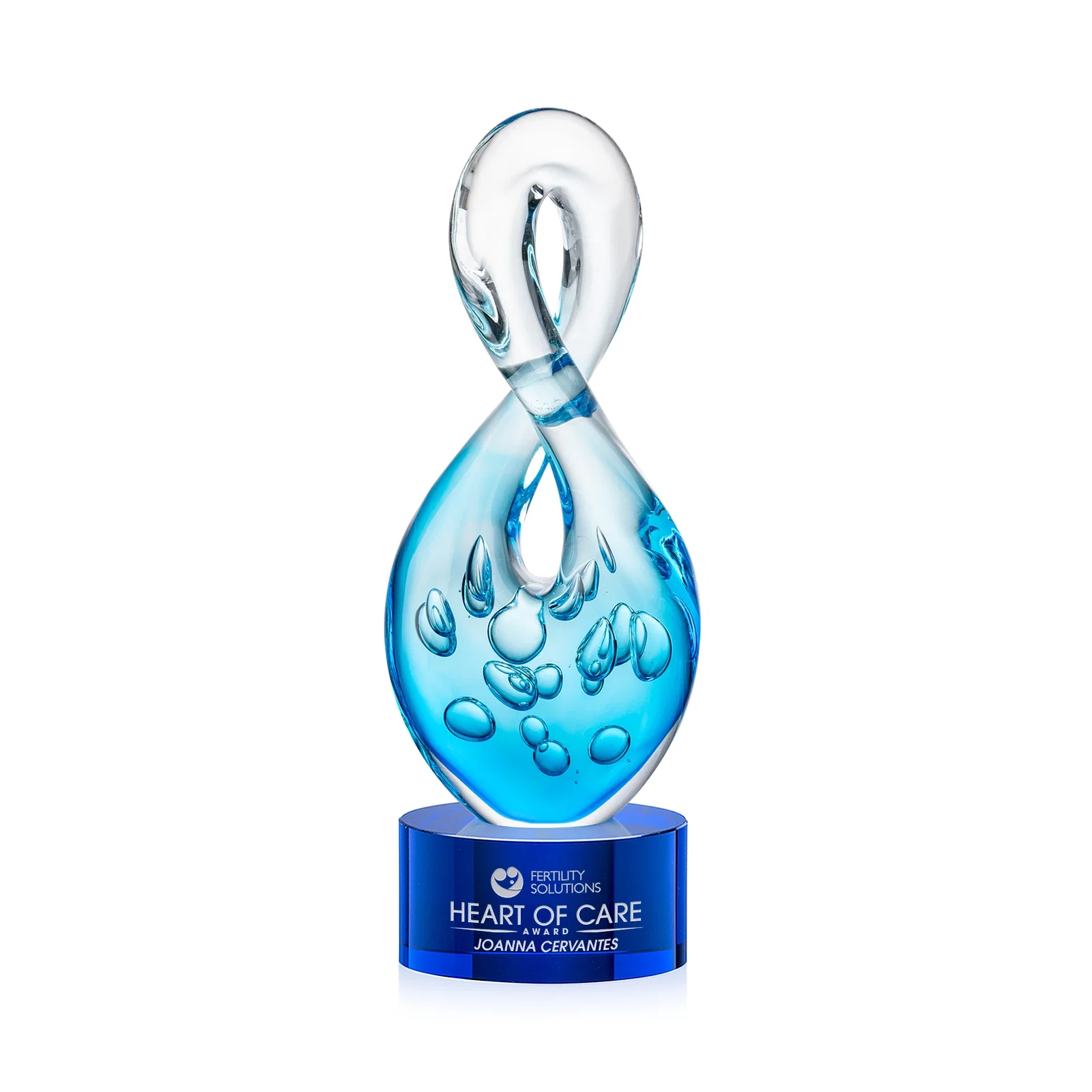 Personalized Blue Glass Award With a Twisting Infinity-Loop Silhouette for employee recognition