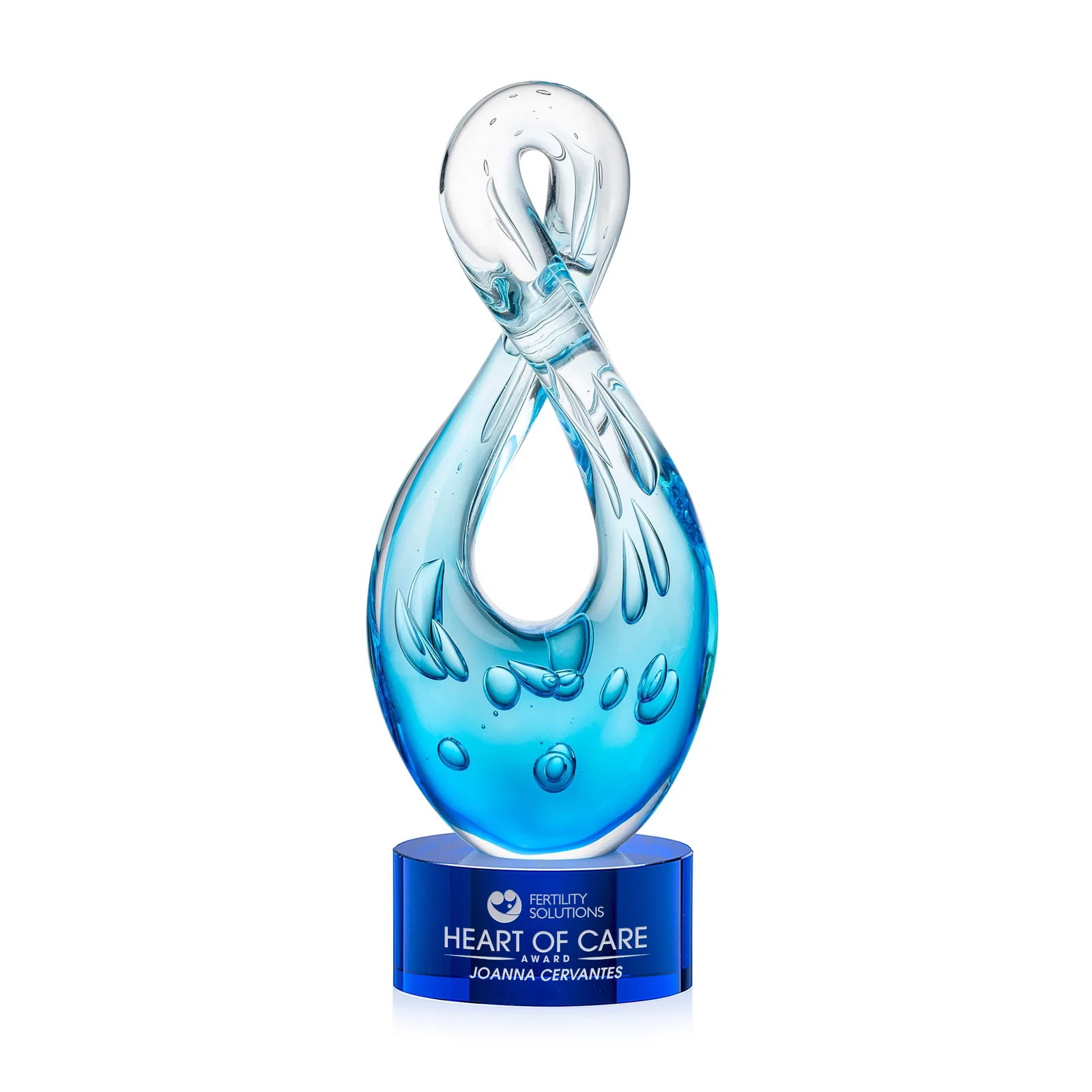 Personalized Blue Glass Award With a Twisting Infinity-Loop Silhouette for corporate award ceremonies