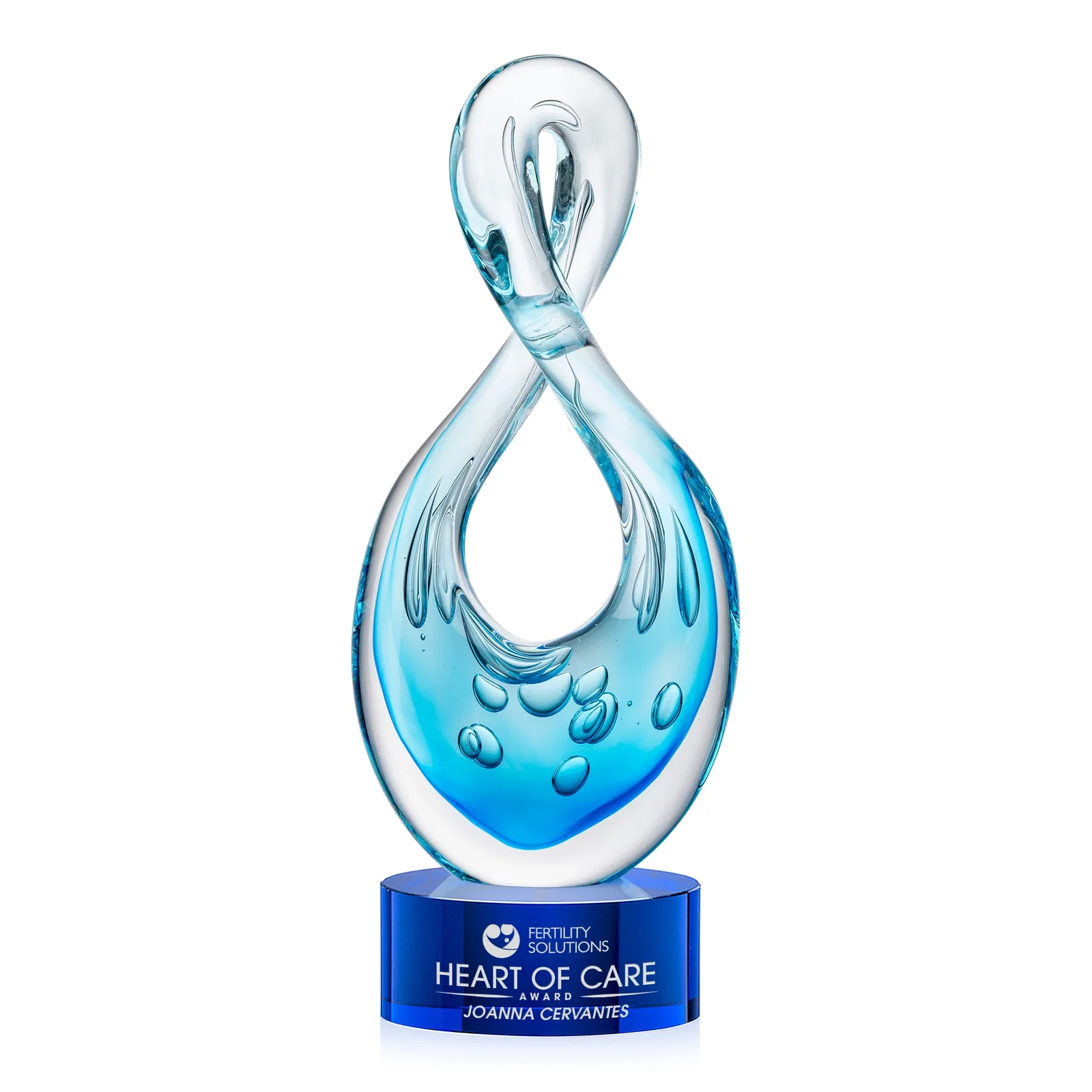 Personalized Blue Glass Award With a Twisting Infinity-Loop Silhouette for service anniversary gifts