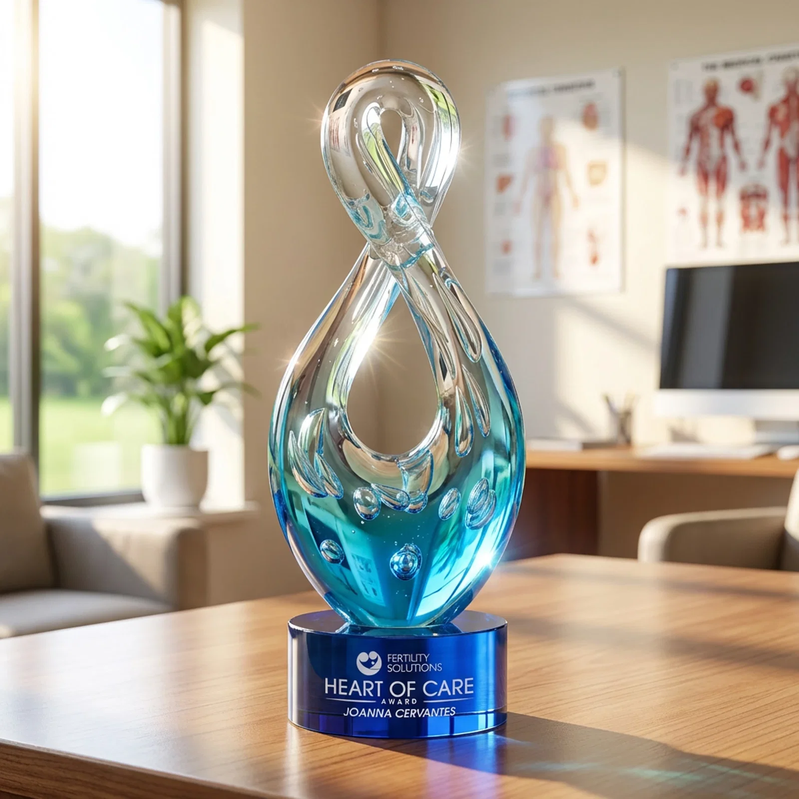 Personalized Blue Glass Award With a Twisting Infinity-Loop Silhouette for sales achievement awards