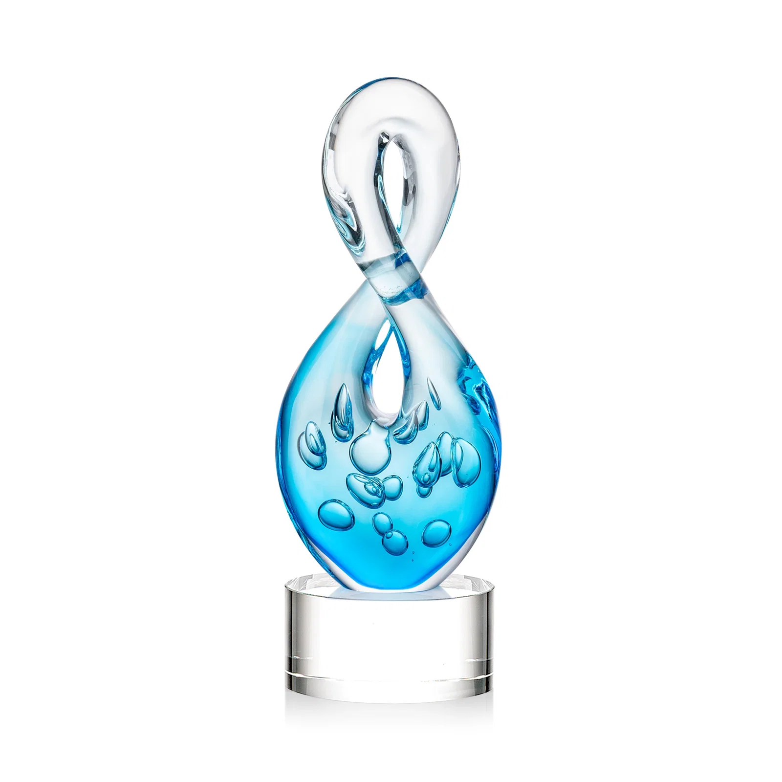 Personalized Blue Glass Award With a Twisting Infinity-Loop Silhouette for retirement presentations