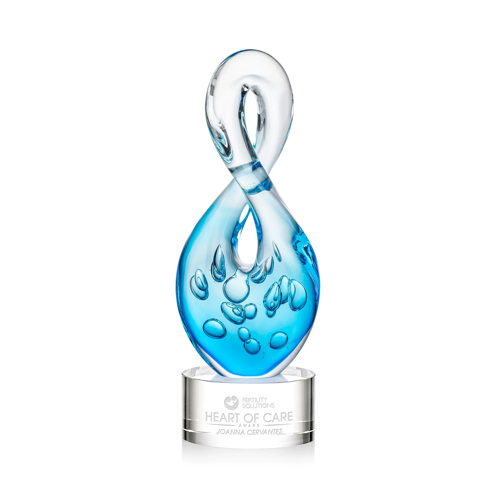 Custom Blue Glass Award With a Twisting Infinity-Loop Silhouette for corporate award ceremonies