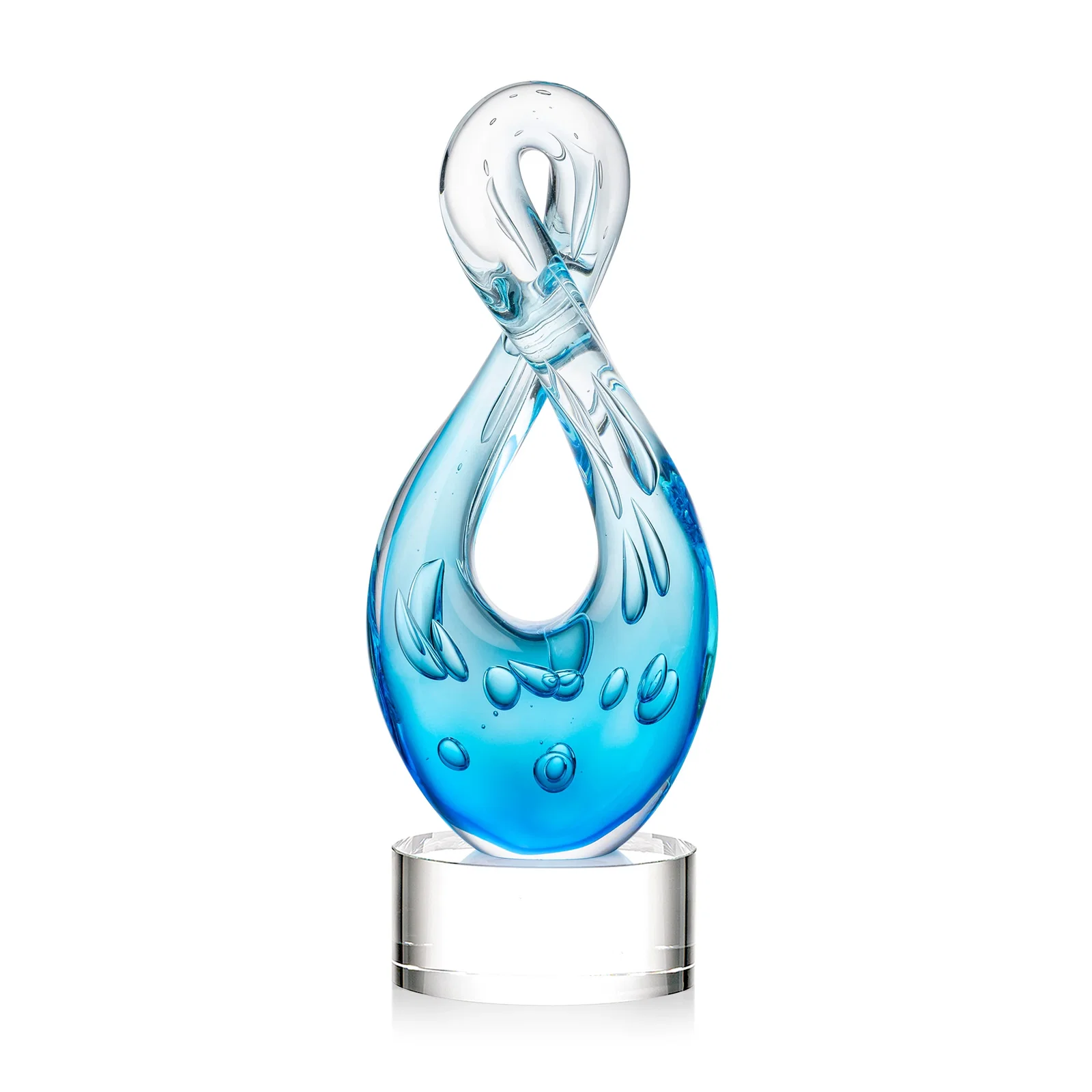 Personalized Blue Glass Award With a Twisting Infinity-Loop Silhouette for team milestone celebrations